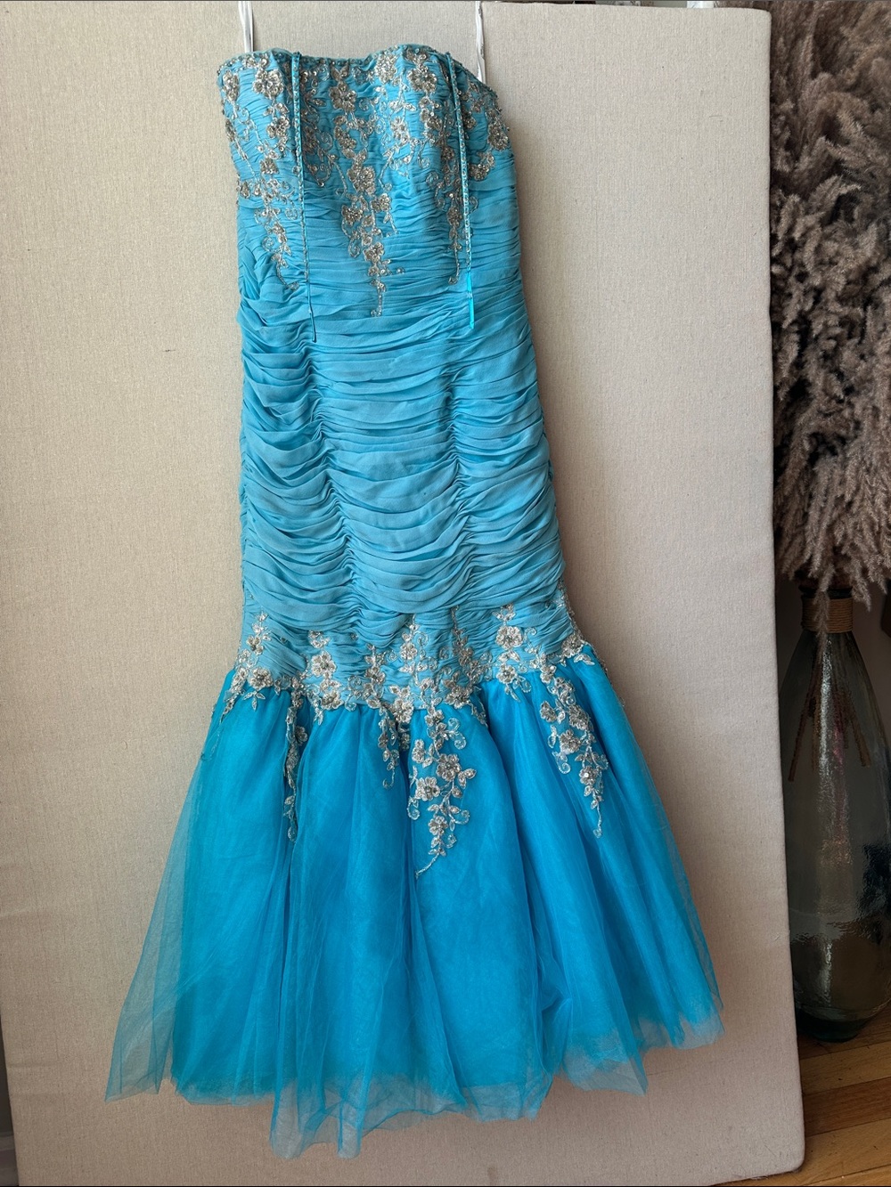 Tiffany Designs Turquoise Mermaid Prom Dress with Gold Embroidery
